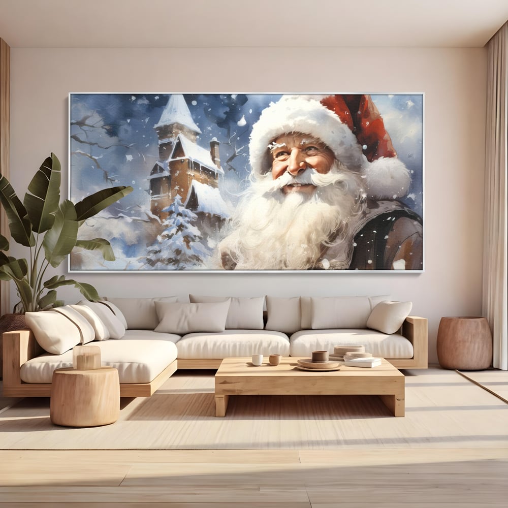 Tablou canvas cu tablou canvas cu mos craciun, in rama de aluminiu argintiu, pe perete intr-un living